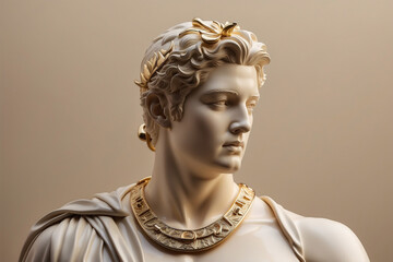 Statue of a young man in white marble in Greek style in profile.