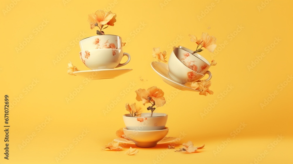 Poster three cups with flowers in them are floating in the air. generative ai