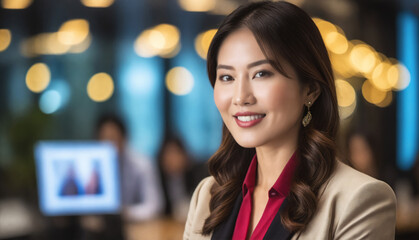 Obraz premium Smart Asian Businesswoman in Candid Bokeh Office Shot