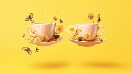  two tea cups with flowers on them floating in the air.  generative ai