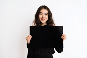 Naklejka premium A young girl in black clothes holds a blank black sign.