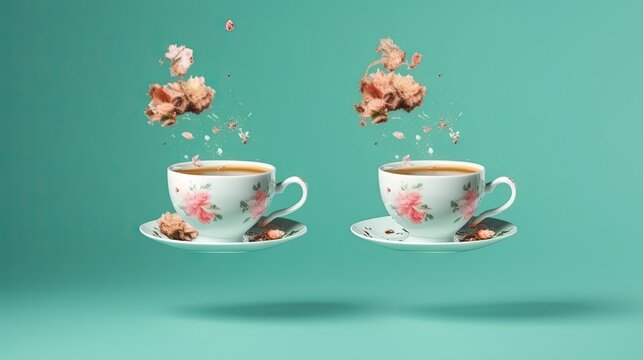  two cups of coffee with a splash of tea on them.  generative ai