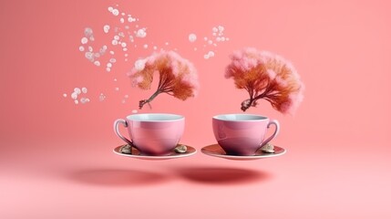 Fototapeta na wymiar two pink cups with pink feathers floating out of them on a saucer. generative ai