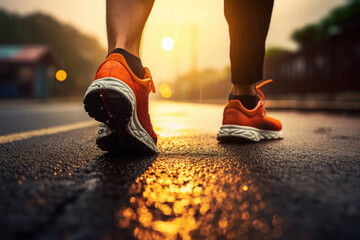 Close up of legs in running shoes on the road at sunset. Sportswear banner mockup with space for product placement or advertising text. - obrazy, fototapety, plakaty