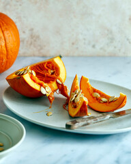 Pumpkin squash cut on plate