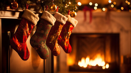 Christmas stocking hanging next to a fireplace in a warm decorated home