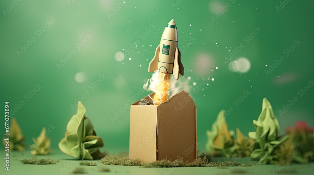 Poster a cardboard box with a rocket on top of it in the air. generative ai