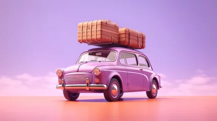 Fotobehang Auto cartoon  a purple car with a stack of luggage on top of it.  generative ai