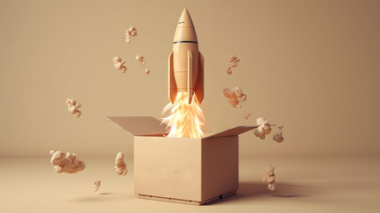  a cardboard box with a rocket in it and popcorn scattered around it.  generative ai