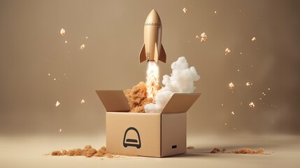  a cardboard box with a rocket coming out of it and flying through the air.  generative ai - obrazy, fototapety, plakaty