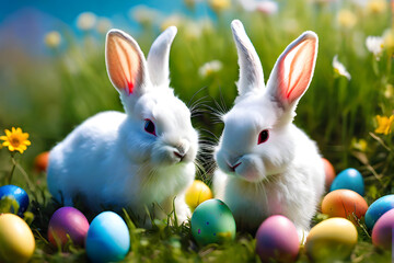 A white bunny with multicolor Easter eggs, blurred meadow flowers in an affectionate moment, blurred green grass and blue sky