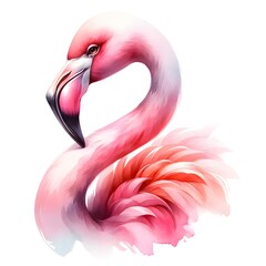 Close-up watercolor illustration of a pink graceful flamingo, capturing its elegance and natural...