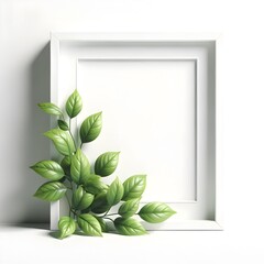 Elegant white frame surrounded by delicate fresh green leaves