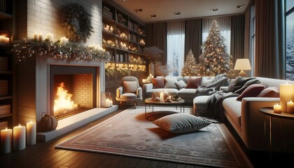 Fototapeta na wymiar Warm and cozy living room adorned with festive Christmas decor and twinkling lights