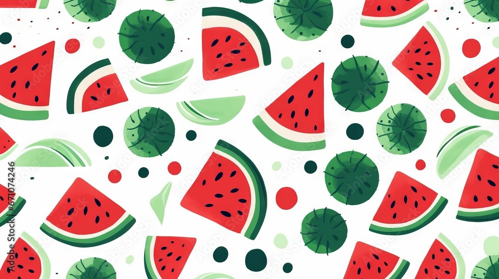 Poster a pattern of watermelon slices and leaves on a white background. generative ai