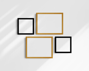 Gallery wall mockup set, 4 black and yellow oak frames. Modern frame mockup. Two horizontal frames and two square frames, 14x11 (14:11), 8x8 (1:1) inches. White wall with shadows.