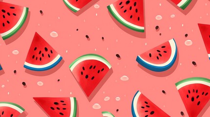  watermelon slices on a pink background with polka dots.  generative ai