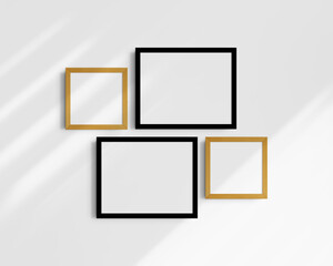 Gallery wall mockup set, 4 black and yellow oak frames. Modern frame mockup. Two horizontal frames and two square frames, 14x11 (14:11), 8x8 (1:1) inches. White wall with shadows.