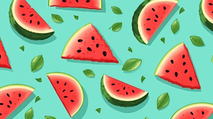  watermelon slices and leaves on a blue background with green leaves.  generative ai