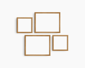 Gallery wall mockup set, 4 cherry wood frames. Clean, modern, and minimalist frame mockup. Two horizontal frames and two square frames, 14x11 (14:11), 8x8 (1:1) inches. White wall.