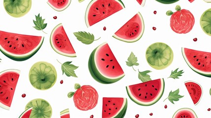  a watermelon and kiwi pattern on a white background.  generative ai