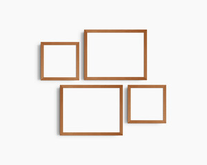 Gallery wall mockup set, 4 cherry wood frames. Clean, modern, and minimalist frame mockup. Two horizontal frames and two square frames, 14x11 (14:11), 8x8 (1:1) inches. White wall.