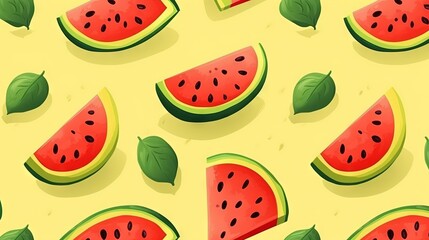 watermelon slices and leaves on a yellow background with green leaves.  generative ai