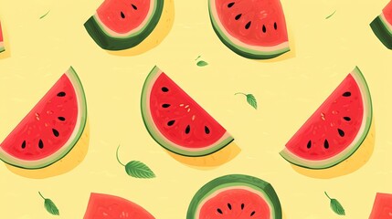  a watermelon pattern on a yellow background with green leaves.  generative ai