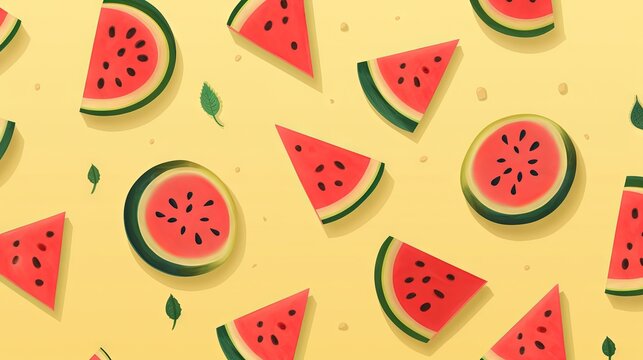  a bunch of slices of watermelon on a yellow background.  generative ai