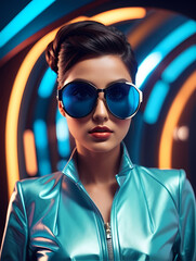 Young woman in glasses with fashion makeup. Studio portrait in a colorful light. Stylish girl