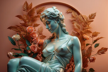 Sculpture of a young woman in blue marble in ancient Greek style with a naked neckline.