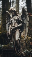 Fototapeta premium Photography of a Vintage Statue Representing the Virgin Mary with wings and a very Tight Dress in the middle of the Forest.