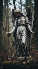 Photography of a Vintage Statue Representing the Virgin Mary with wings and a very Tight Dress in the middle of the Forest.