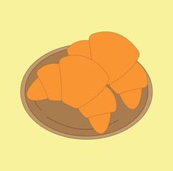 French Croissant on a plate isolated on yellow background vector illustration.