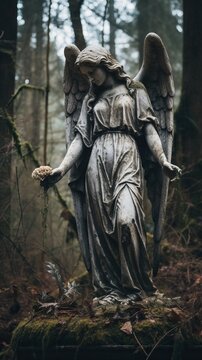 Photography of a Vintage Statue Representing the Virgin Mary with wings and a very Tight Dress in the middle of the Forest.