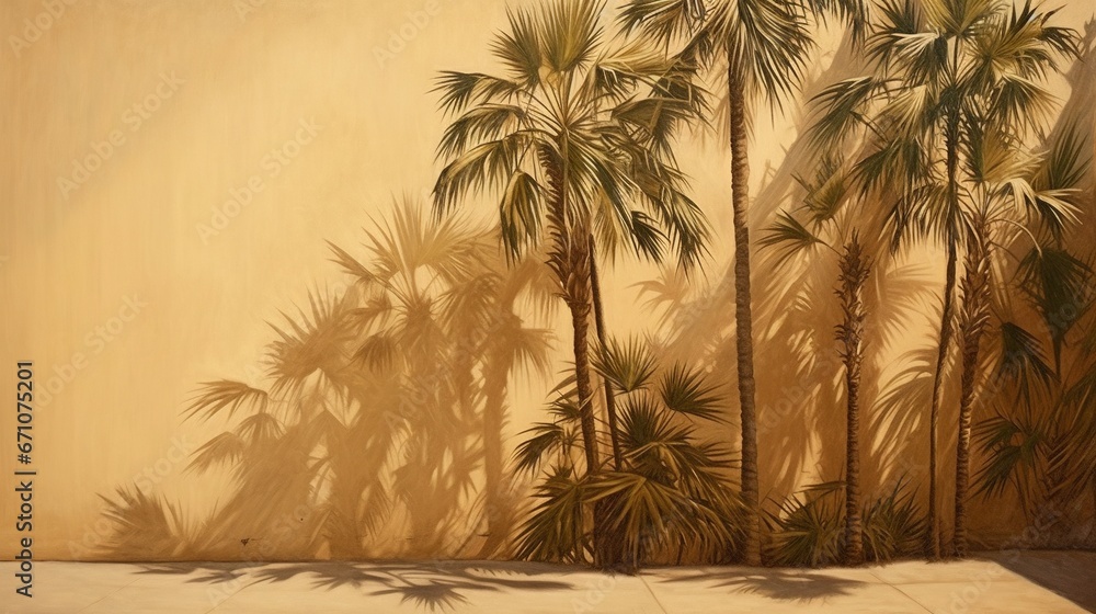 Poster a painting of palm trees casting a shadow on a wall. generative ai
