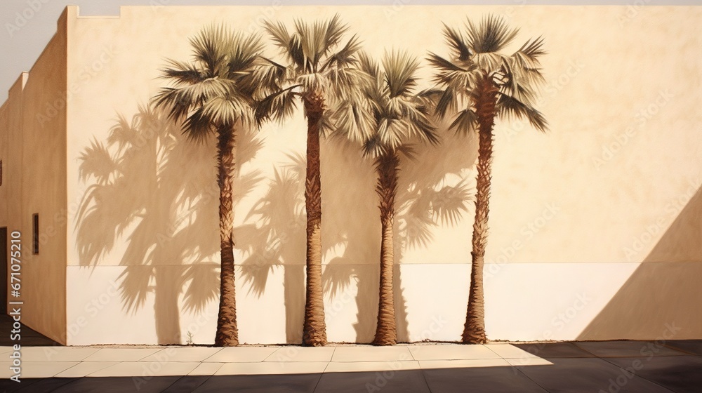 Leinwandbilder a row of palm trees in front of a building with a shadow on the wall. generative ai