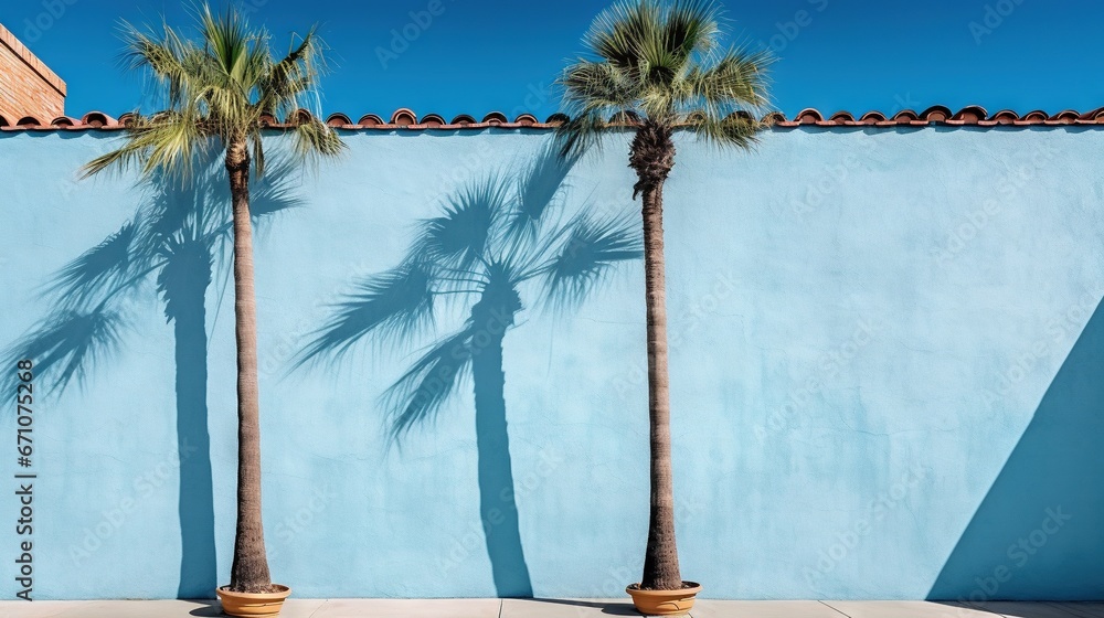 Poster a blue wall with three palm trees in front of it. generative ai