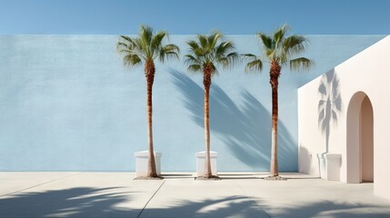  three palm trees in front of a blue wall and a white trash can.  generative ai