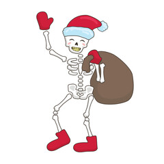 Cute skeleton in a Santa Claus clothes. Cartoon Christmas character. Vector Illustration. Concept of scary Christmas. Happy New Year party.