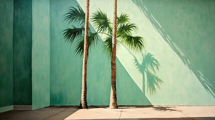  a painting of two palm trees in front of a green wall.  generative ai