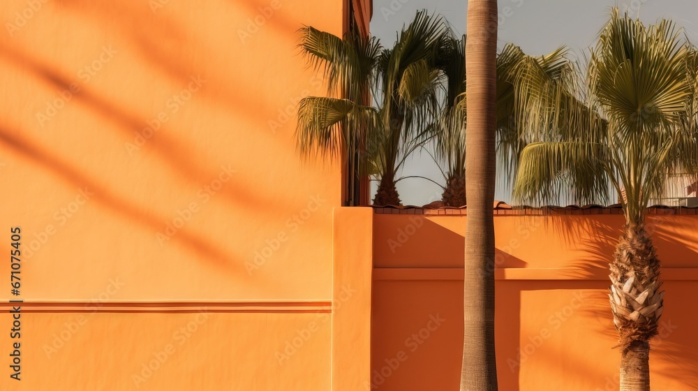 Poster a palm tree next to a building with a clock on it. generative ai