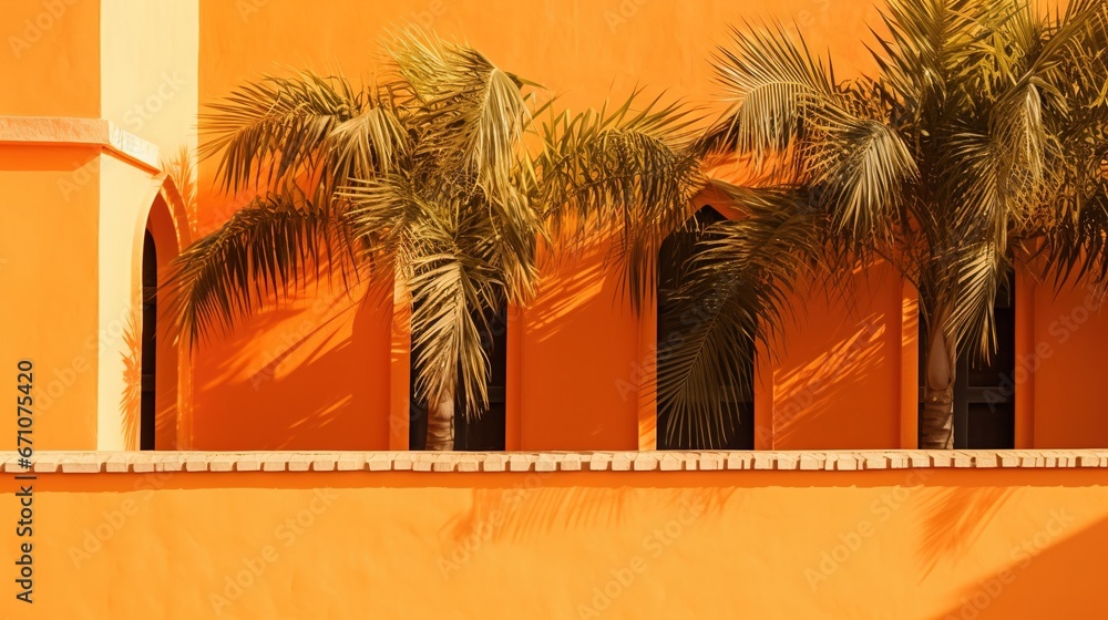 Poster a row of palm trees next to a yellow wall with a clock. generative ai