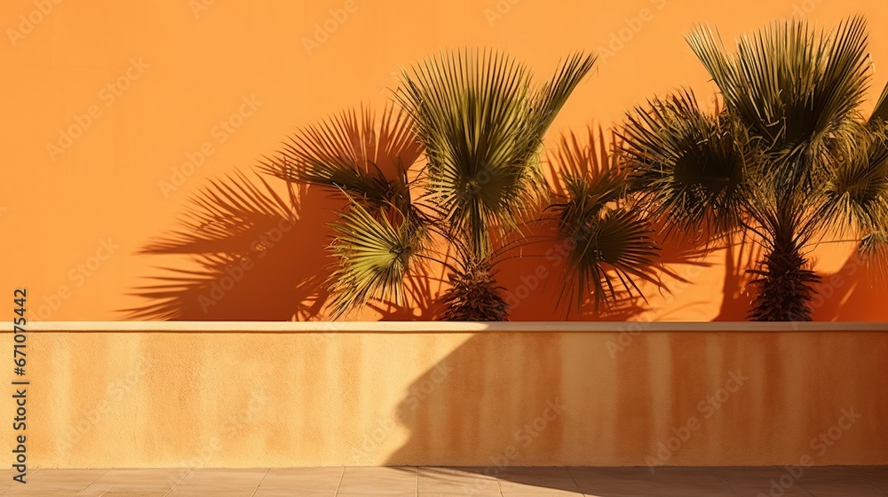 Poster three palm trees in front of an orange wall with shadows. generative ai