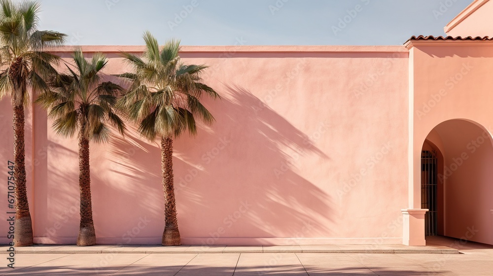 Poster a pink wall with three palm trees in front of it. generative ai