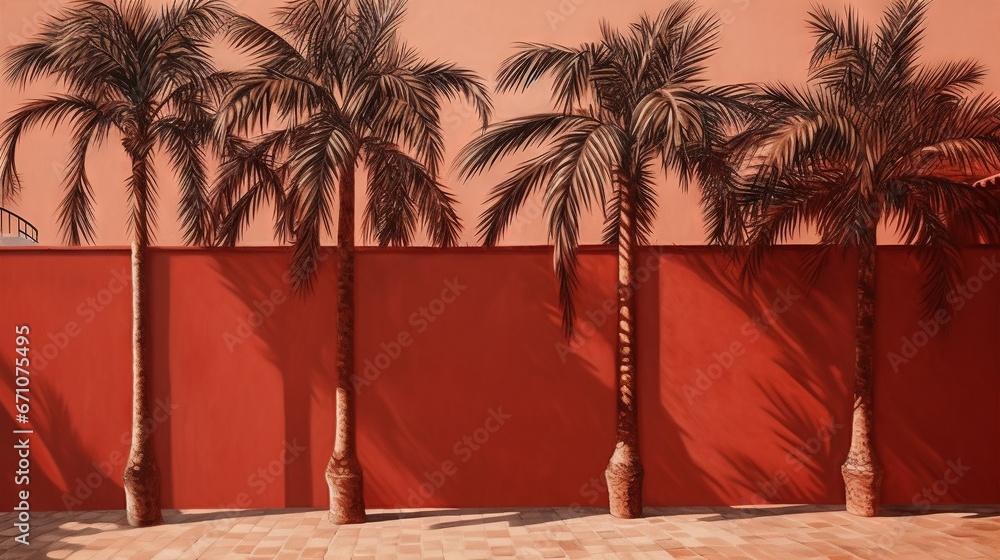 Poster a row of palm trees in front of a red wall. generative ai
