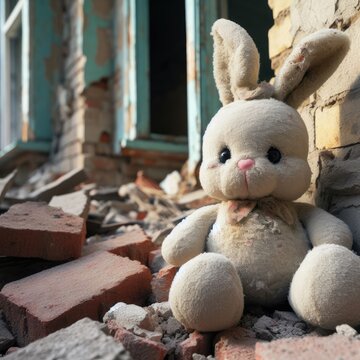 children's toys in the middle of a destroyed building war background image