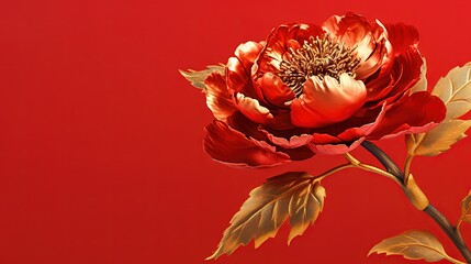  a large red flower with green leaves on a red background.  generative ai