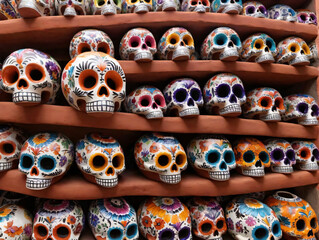 Fototapeta premium A Large Display Of Colorfully Painted Skulls