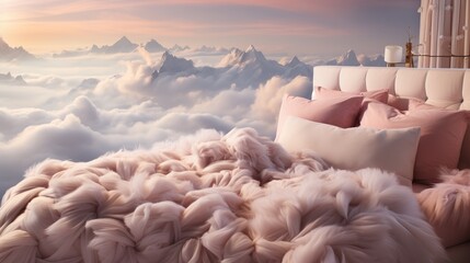 Obraz premium Professional Photography of a Room High up un the Sky. Landscape Above the clouds with a Pink Sky and Sunset.